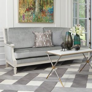 Mallory-Fields Living Room Interior Design grey couch custom furniture and designer rug